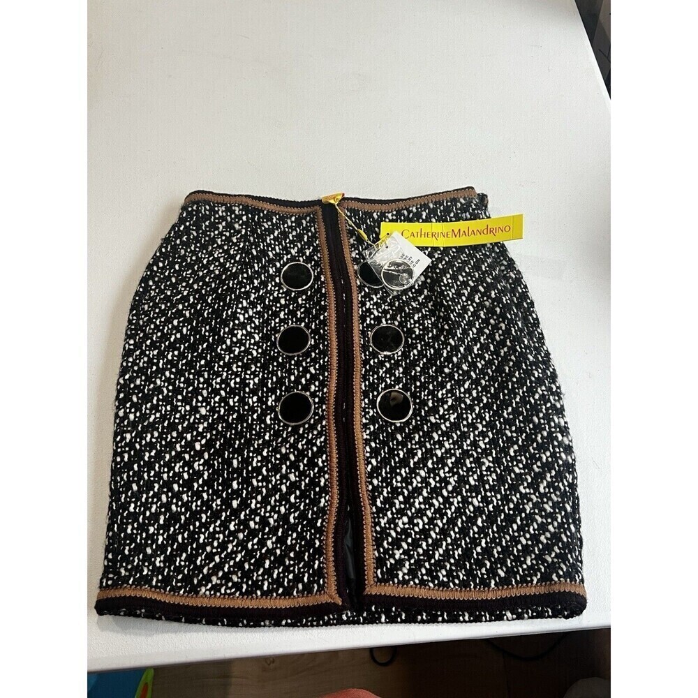 $198 NWT CATHERINE MALANDRINO Size 2 WOOL PENCIL SKIRT BLACK/IVORY/MOCHA
